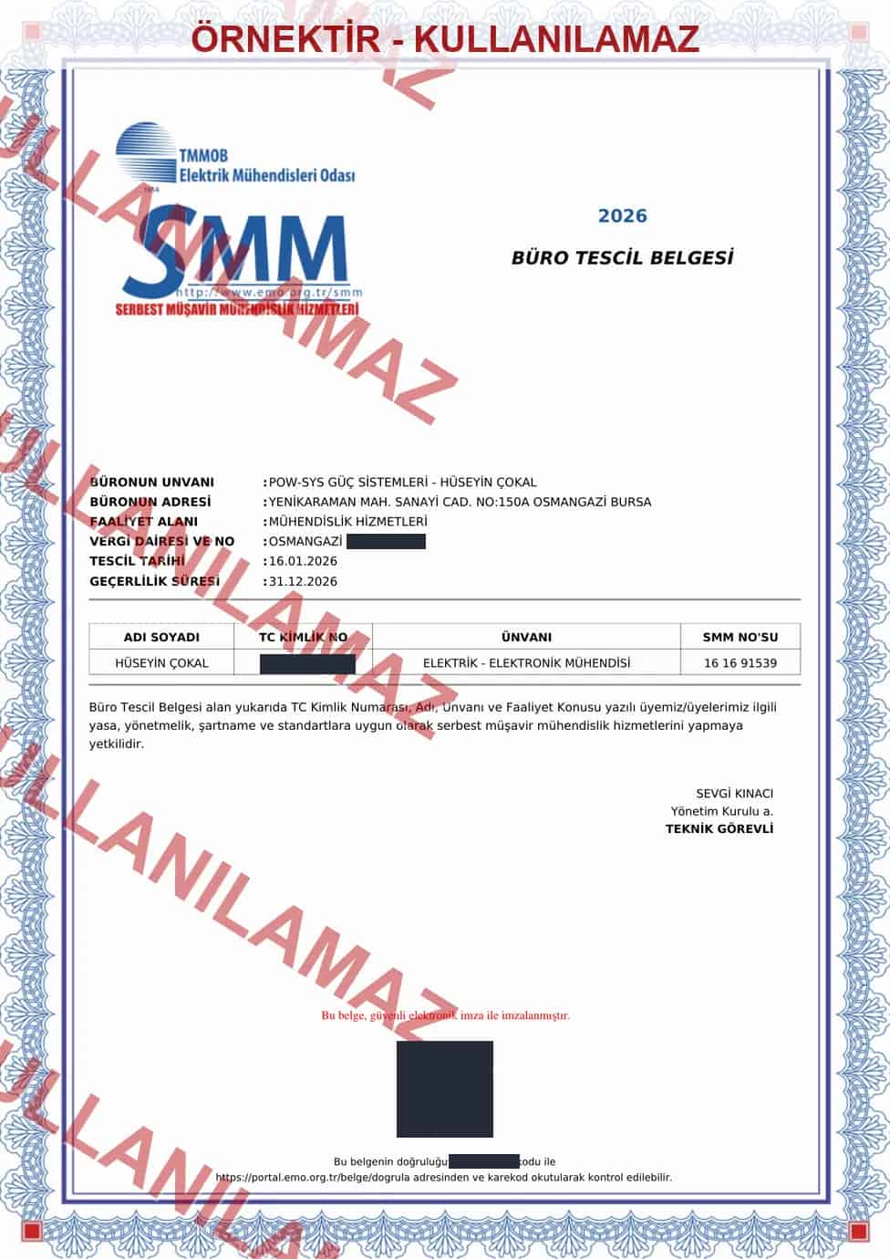 Pow-Sys Güç Sistemleri büro tescil belgesi filigranlı ve kişisel bilgileri maskelenmiş örnek kopyası