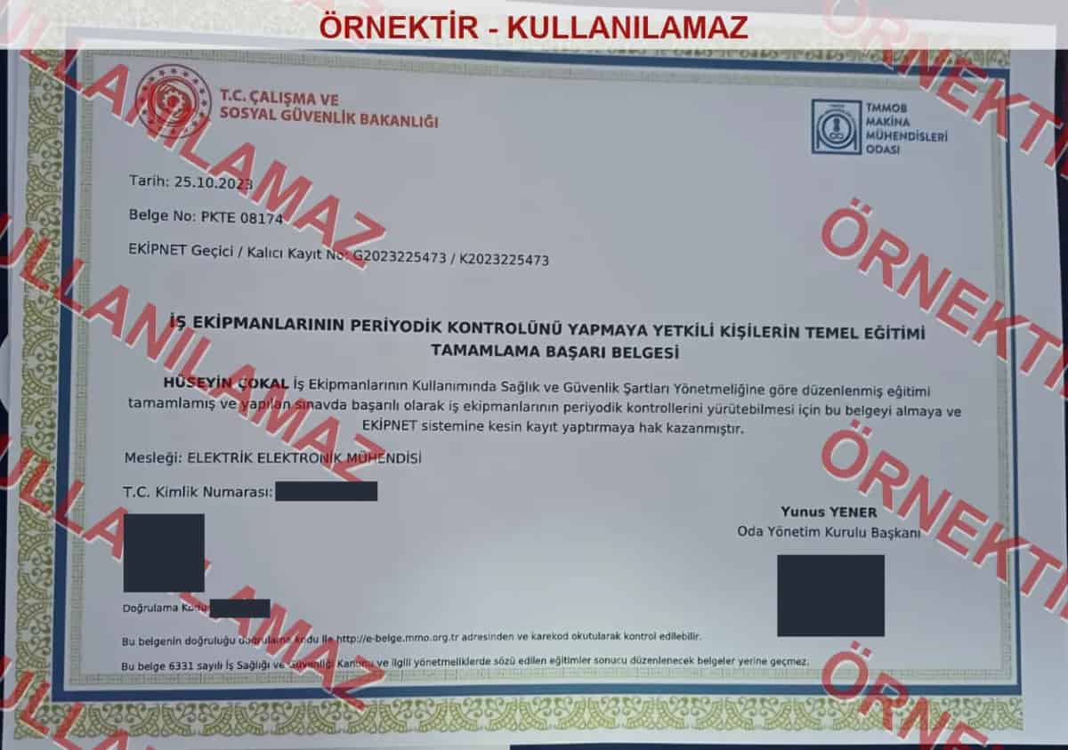 İş ekipmanları periyodik kontrol temel eğitim belgesi filigranlı ve kişisel bilgileri maskelenmiş örnek kopyası