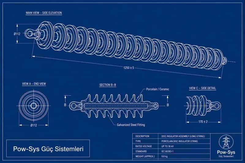 Technical maintenance visual showing visual inspection, surface review, contamination assessment and mechanical connection inspection performed on insulators
