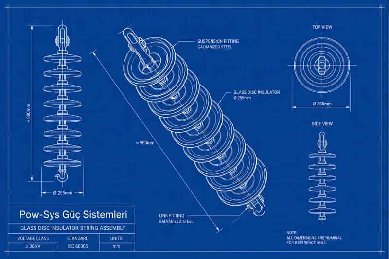 Schematic technical image comparing porcelain, glass and composite insulator types