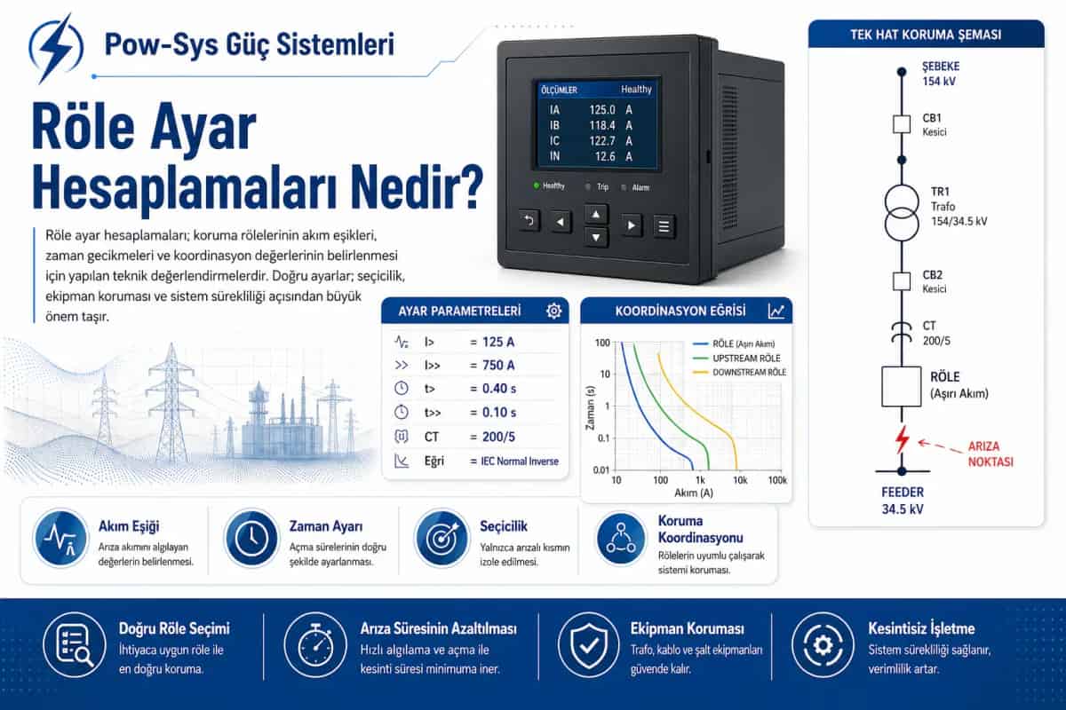 Technical visual showing pickup, time curve and selectivity logic in relay setting calculations