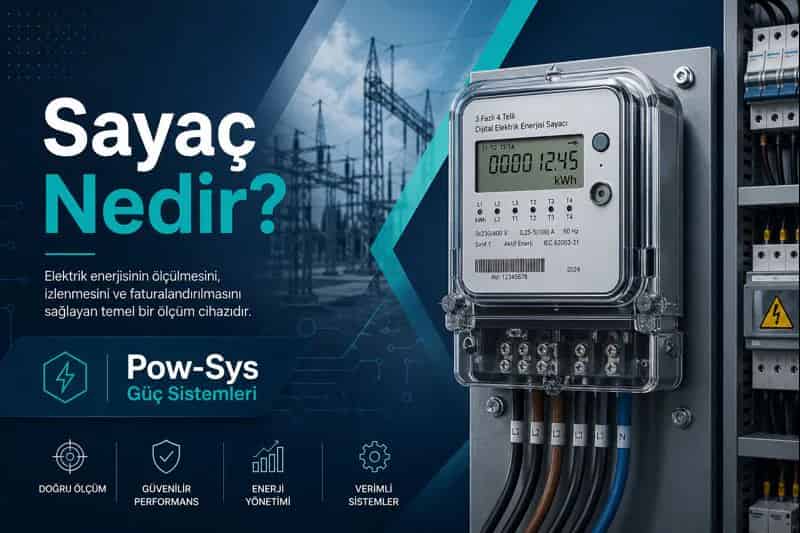 Sayaçlarda terminal, CT/VT devresi, haberleşme bağlantısı ve termal incelemeyi anlatan şematik teknik görsel