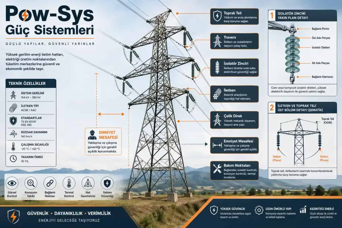 Technical image showing tower, conductor, insulator and shield wire components of a high-voltage line