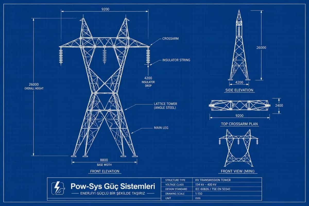Yüksek gerilim hattında yapılan kule, iletken, izolatör ve koridor kontrollerini gösteren teknik bakım görseli