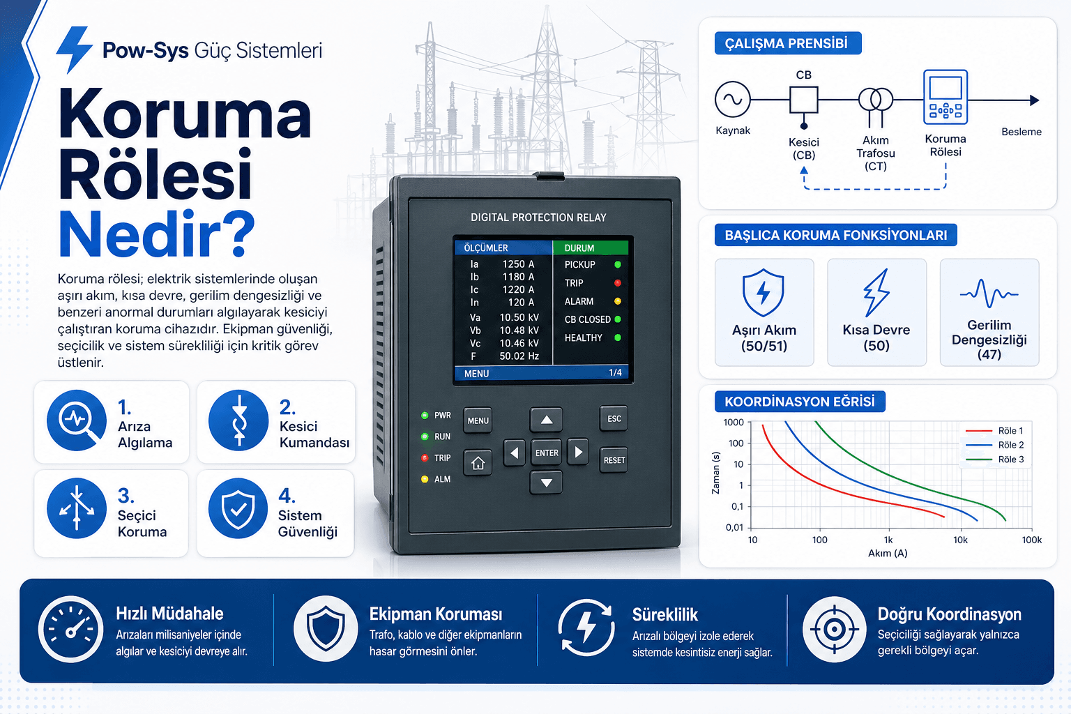 Aşırı akım, toprak hata, diferansiyel ve mesafe koruma röle türlerini karşılaştıran şematik teknik görsel