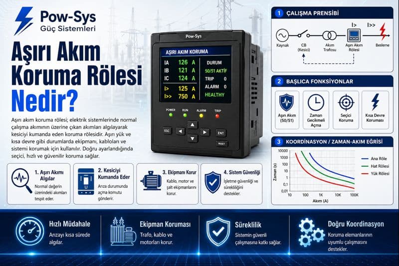 Aşırı akım ve toprak koruma rölesinin faz akımları ile artık akımı izleyerek çalışmasını gösteren teknik görsel