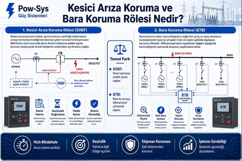 Bara zone, check zone ve breaker failure test senaryolarını karşılaştıran şematik teknik görsel