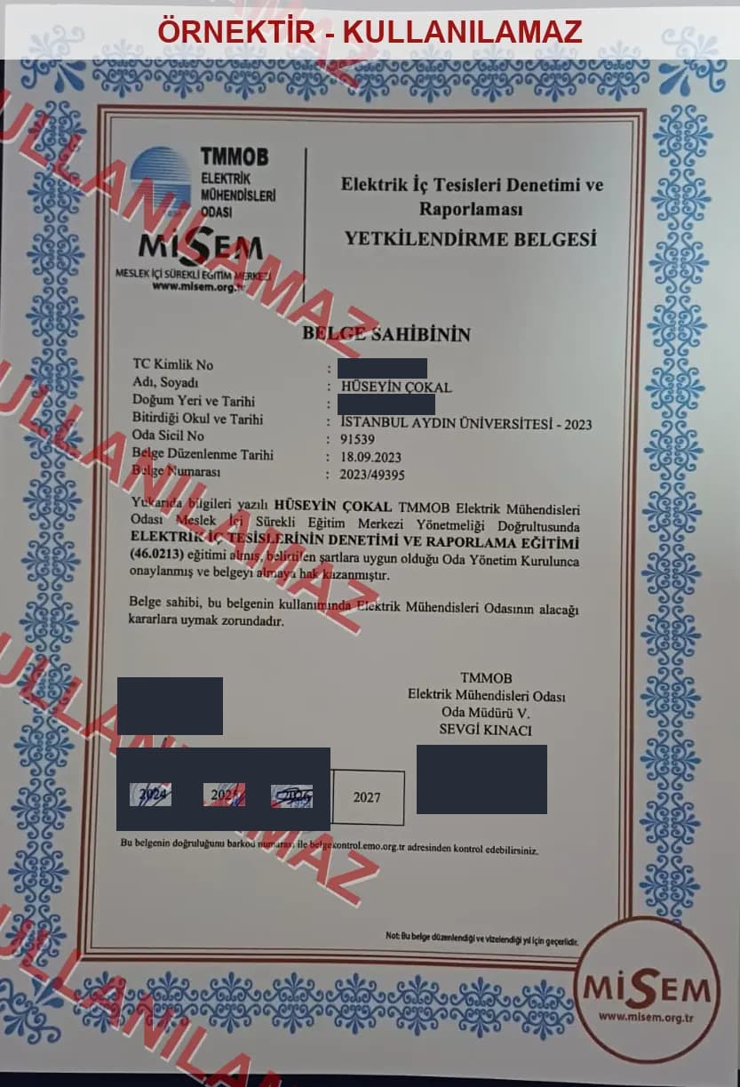 Watermarked, privacy-masked sample copy of the electrical internal installations inspection and reporting authorization certificate
