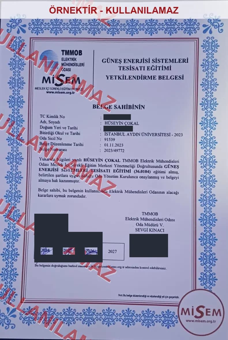 Watermarked, privacy-masked sample copy of the solar energy systems installation authorization certificate