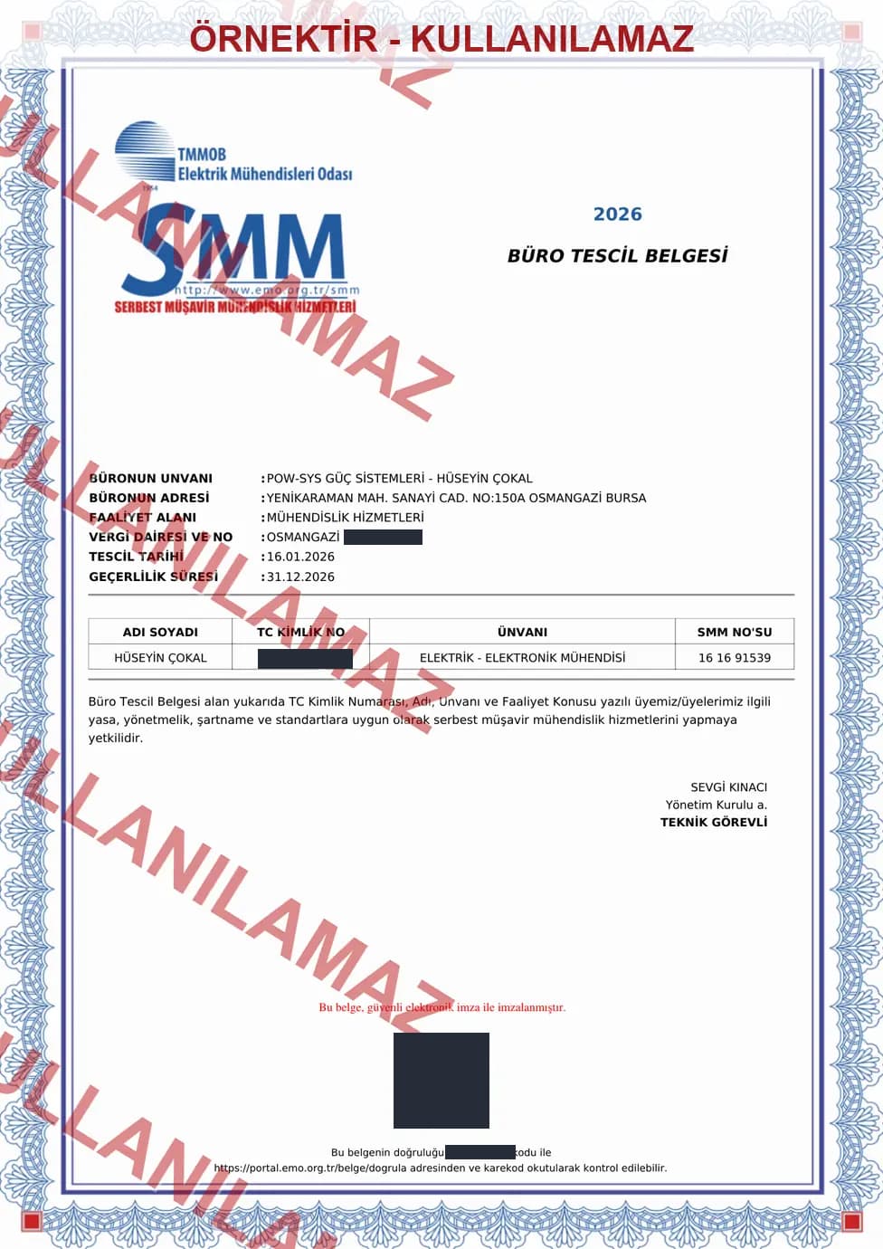 Watermarked, privacy-masked sample copy of the Pow-Sys Power Systems engineering office registration certificate