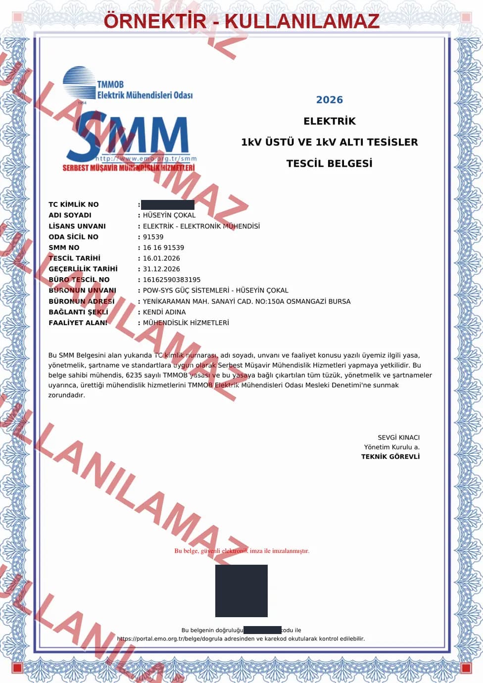 Watermarked, privacy-masked sample copy of Hüseyin ÇOKAL electrical 1 kV above and below facilities SMM registration certificate