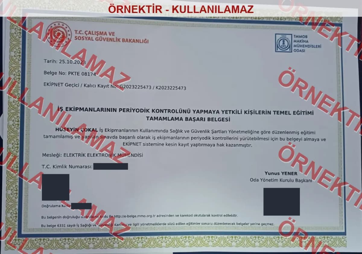 Watermarked, privacy-masked sample copy of the work equipment periodic inspection basic training certificate