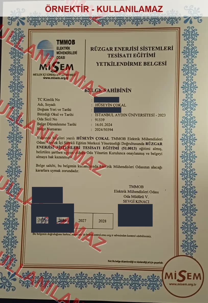 Watermarked, privacy-masked sample copy of the wind energy systems installation training authorization certificate