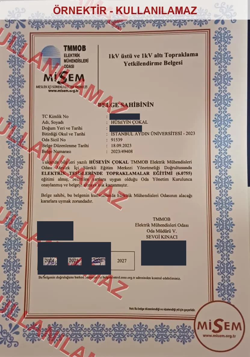 Watermarked, privacy-masked sample copy of the 1 kV above and below grounding authorization certificate