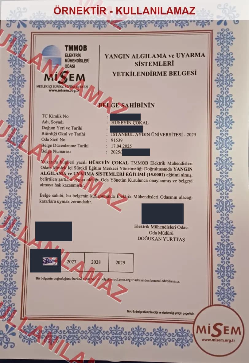 Watermarked, privacy-masked sample copy of the fire detection and alarm systems authorization certificate