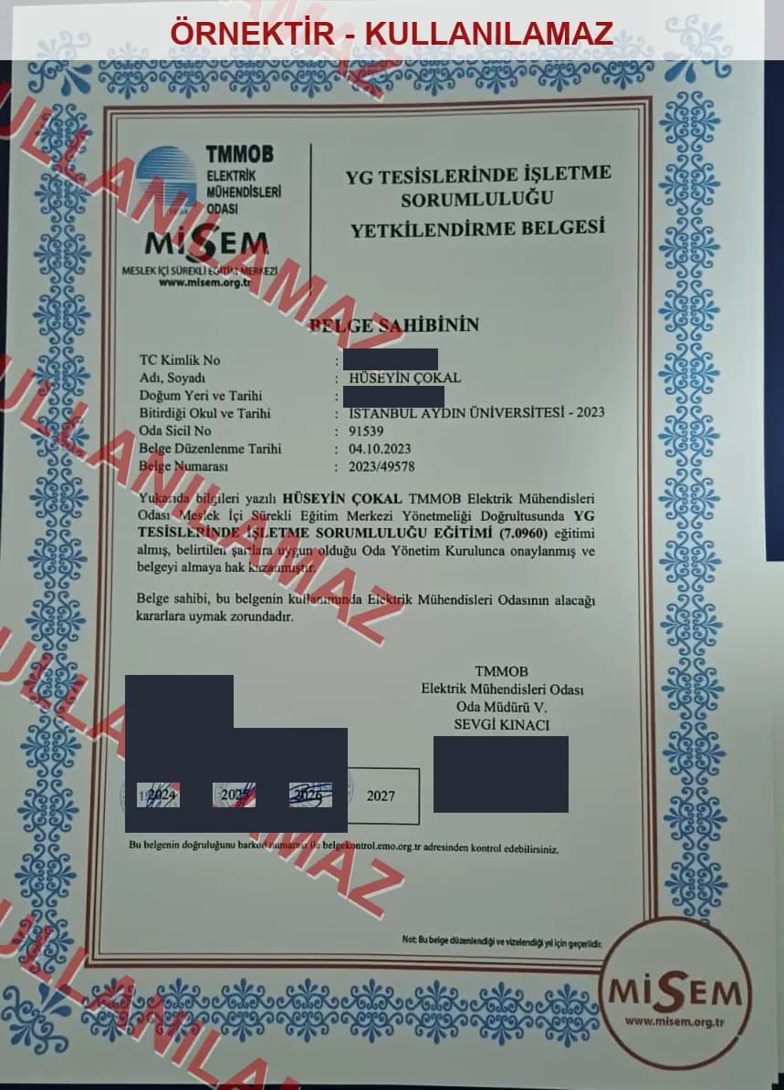 Watermarked, privacy-masked sample copy of the HV installations operation responsibility authorization certificate