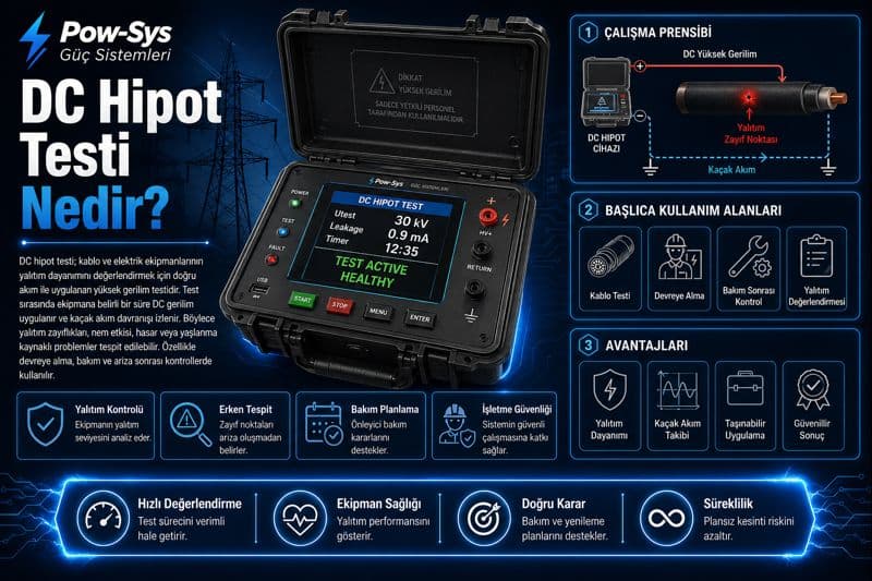 DC hipot testinin doğru akım yüksek gerilimi ile yalıtım dayanımını değerlendirme mantığını gösteren teknik görsel