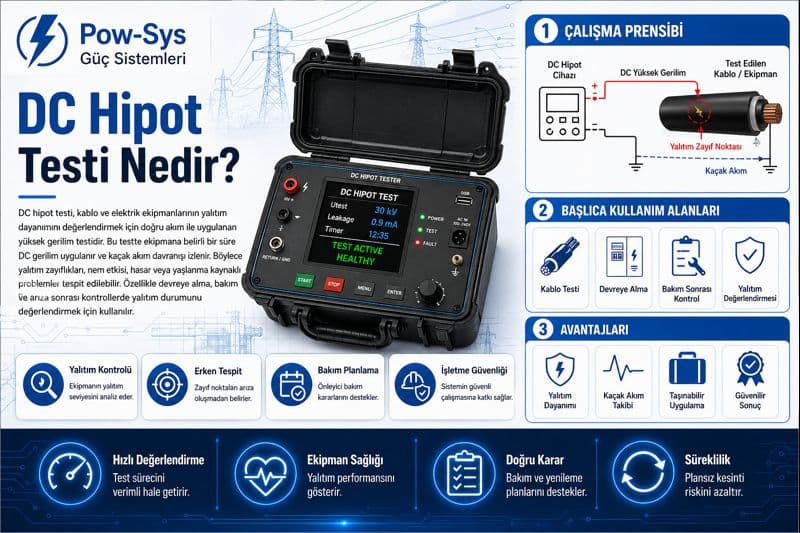 DC hipot, VLF ve AC hipot test yöntemlerini karşılaştıran şematik teknik görsel