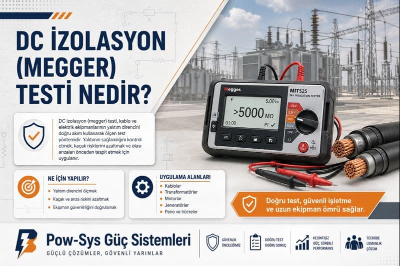 DC izolasyon meger testinin doğru akım test gerilimi ile yalıtım direncini ölçme mantığını gösteren teknik görsel