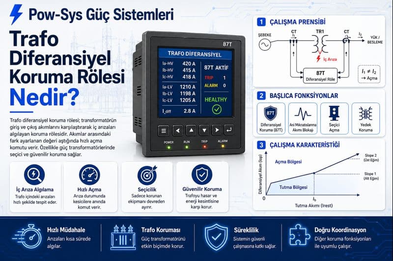 Diferansiyel karakteristik, harmonik restraint ve CT polarite testlerini karşılaştıran şematik teknik görsel