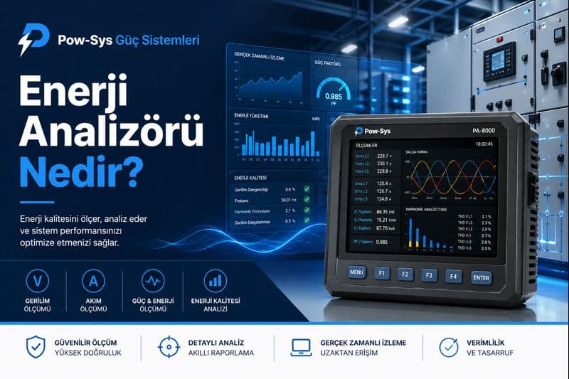 Enerji analizörlerinde CT/VT devresi, haberleşme bağlantısı, olay kaydı ve termal incelemeyi anlatan şematik teknik görsel