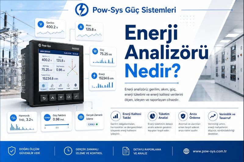 Enerji analizörünün gerilim, akım, güç, enerji ve harmonik verilerini ölçme mantığını gösteren teknik görsel