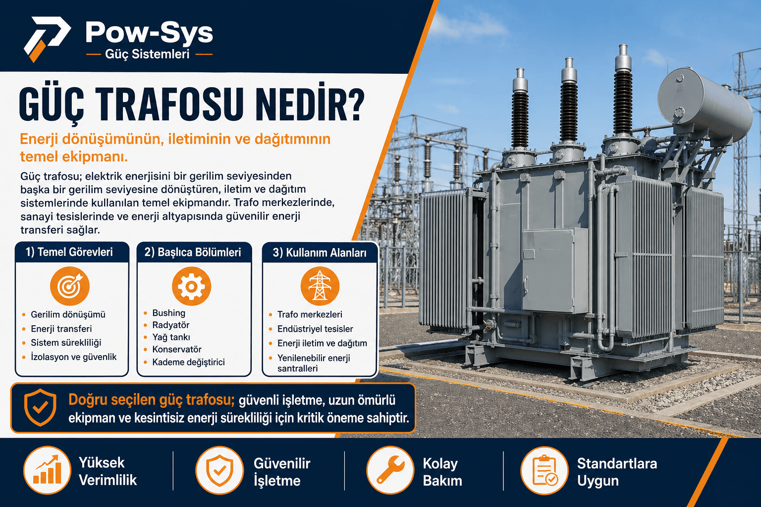 Güç trafosunun primer sargı, sekonder sargı, manyetik nüve, trafo yağı ve gerilim dönüşüm mantığını gösteren teknik görsel