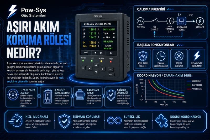 I>, I>>, I0>, I0>> kademeleri, IDMT eğrisi ve yönlü toprak koruma testlerini karşılaştıran şematik teknik görsel