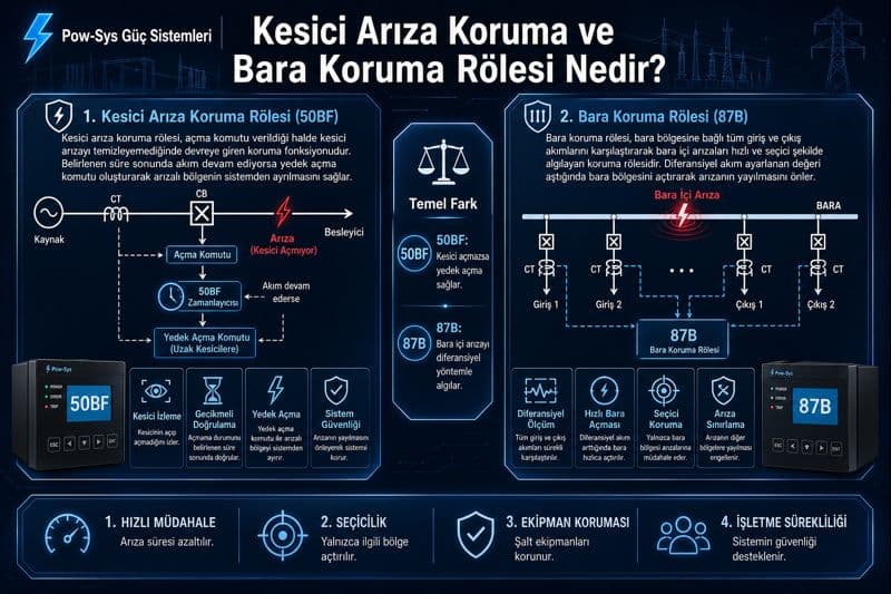 Kesici arıza koruma ve bara koruma rölelerinde yapılan zone doğrulaması, diferansiyel test, breaker failure zaman testi ve trip zinciri kontrolünü gösteren teknik bakım görseli