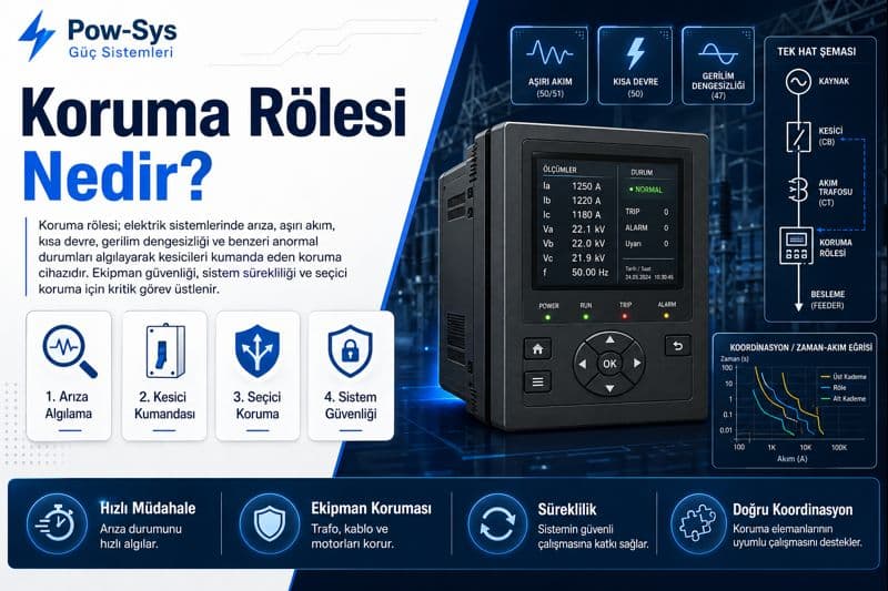 Koruma rölesinin akım ve gerilim bilgilerini izleyerek arızayı algılama ve kesiciye açma komutu verme mantığını gösteren teknik görsel