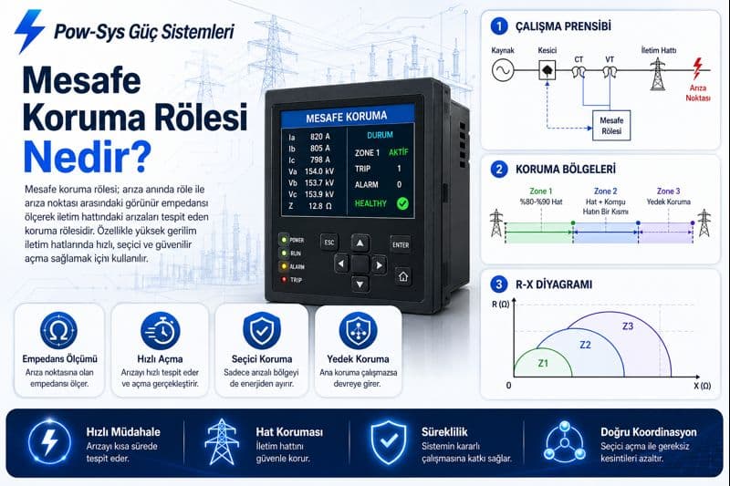 Mesafe koruma rölelerinde yapılan sekonder enjeksiyon, zone doğrulaması, yön testi ve trip devresi kontrolünü gösteren teknik bakım görseli