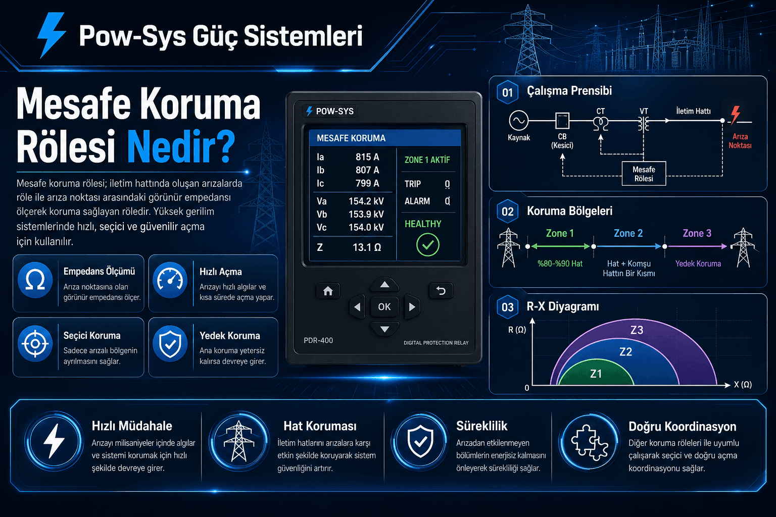 Mesafe koruma rölesinin gerilim ve akımı kullanarak görünür empedans hesaplama ve zone mantığıyla çalışmasını gösteren teknik görsel