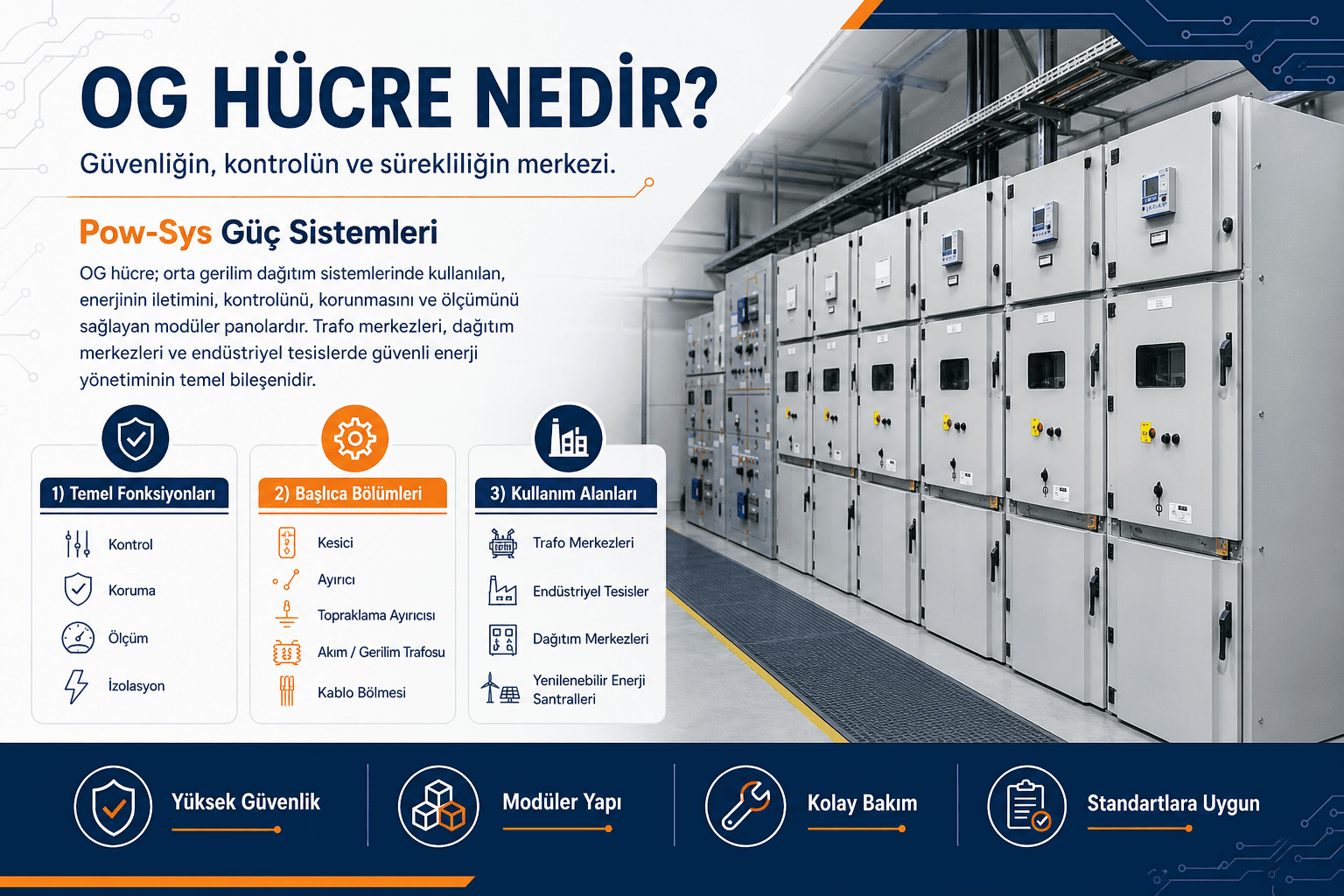 Kesicili OG hücre, ayırıcılı hücre, sigortalı hücre, RMU ve metal clad hücre çeşitlerini karşılaştıran şematik teknik görsel