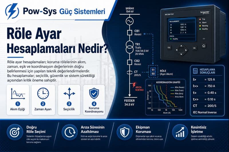 Pickup, time dial, ani açma ve toprak hata ayarlarının röle davranışına etkisini karşılaştıran şematik teknik görsel
