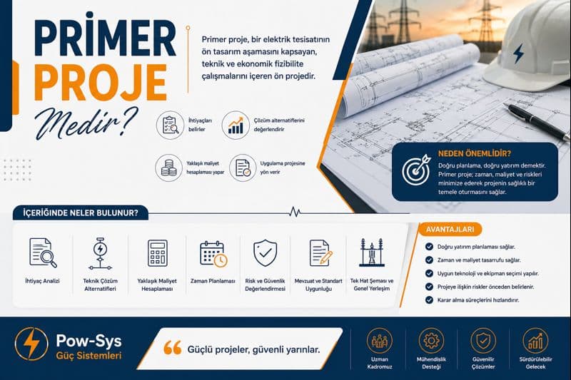 Technical visual showing the main equipment such as breaker, disconnector, current transformer, voltage transformer, surge arrester, busbar and power transformer within the scope of the primary project.