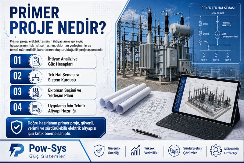 Schematic technical visual comparing single line diagram, equipment selection, busbar system, cable connection and field layout in the primary project