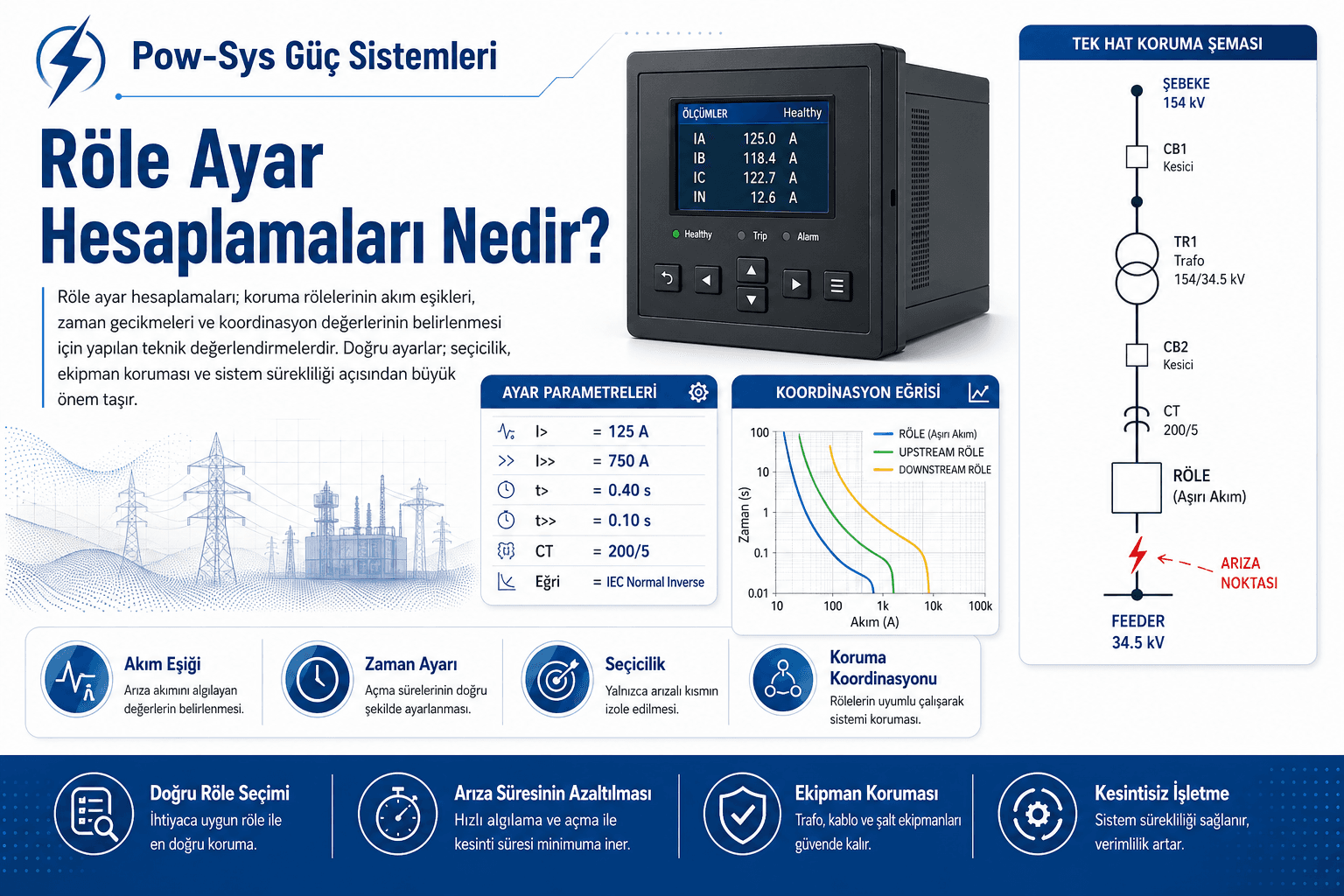 Röle ayar hesaplamalarında pickup, zaman eğrisi ve selektivite mantığını gösteren teknik görsel