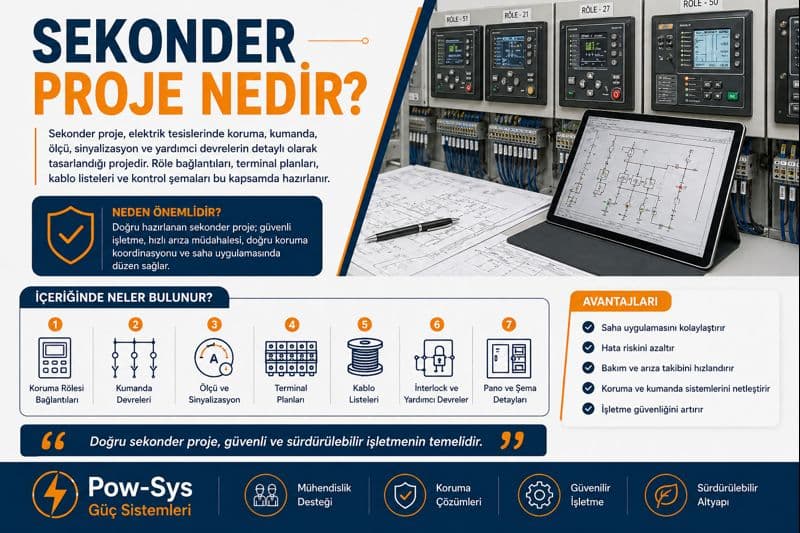 Sekonder proje kapsamında koruma rölesi, kumanda devresi, ölçü devresi, sinyal devresi, terminal planı ve kablo bağlantılarını gösteren teknik görsel