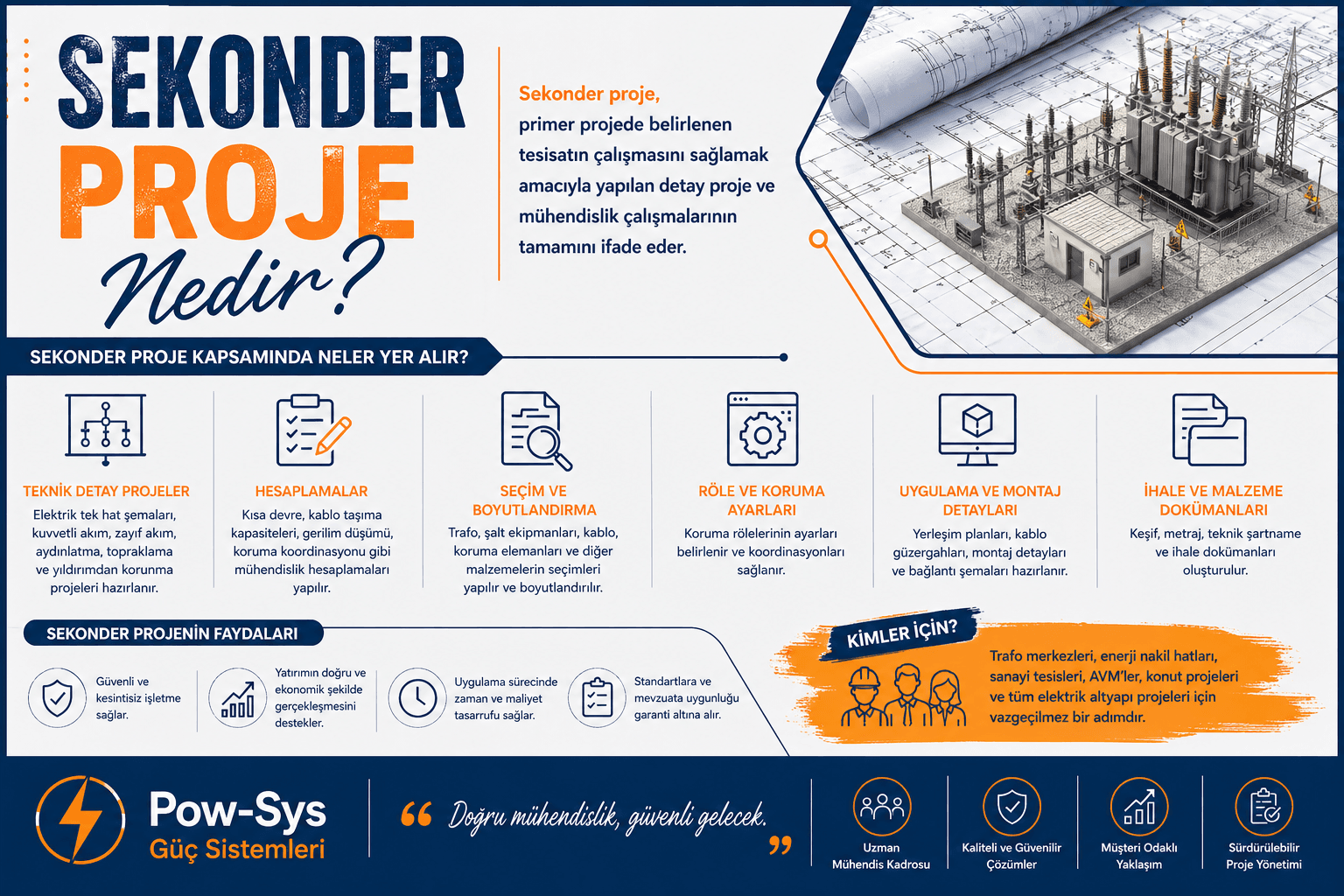 Sekonder projede trip devresi, terminal planı, kablo bağlantı listesi ve SCADA haberleşme başlıklarını karşılaştıran şematik teknik görsel