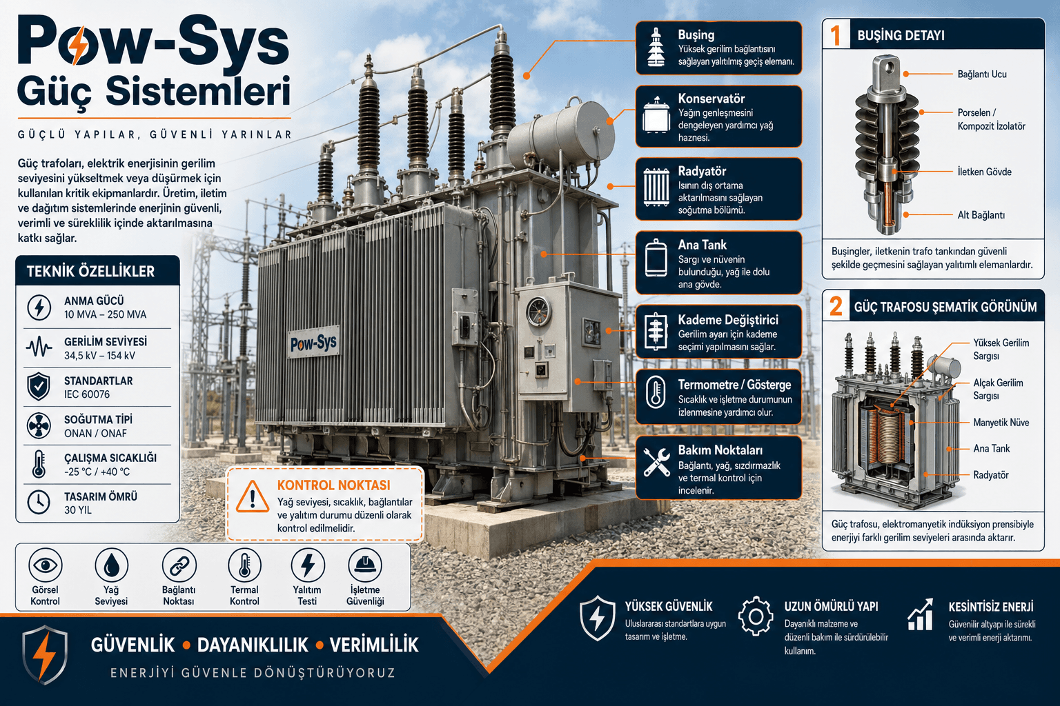 Trafolarda DGA, oran testi, sargı direnci ölçümü ve termal incelemeyi anlatan şematik teknik görsel
