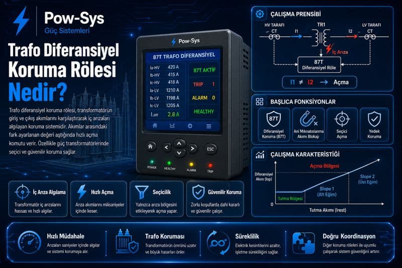 Trafo diferansiyel koruma rölesinin trafoya giren ve çıkan akımları karşılaştırarak iç arızayı algılama mantığını gösteren teknik görsel