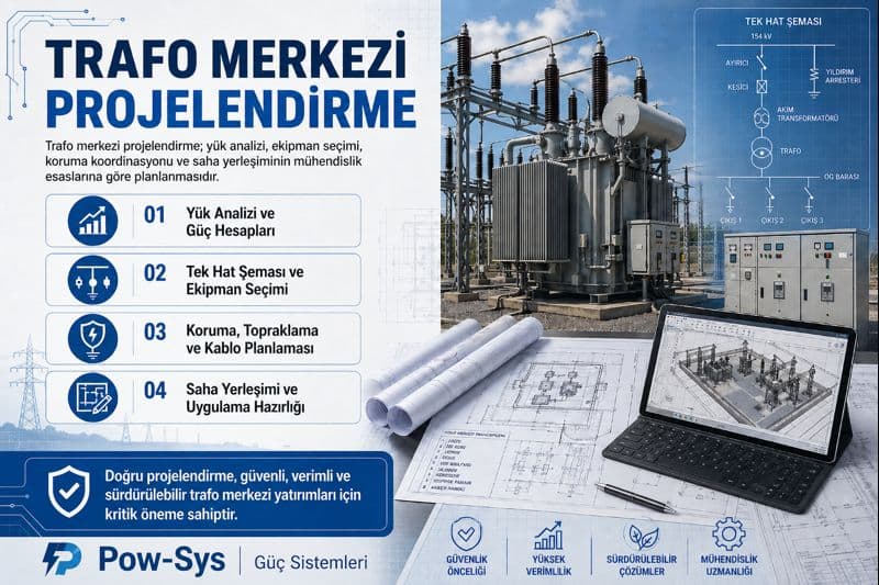 Technical visual showing the design of MV cubicle, power transformer, LV panel, cable and protection systems together within the scope of substation project design.