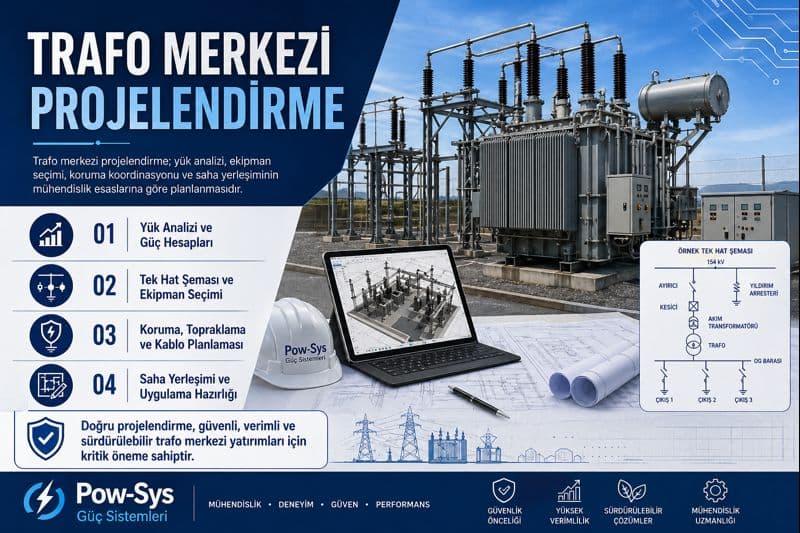 Schematic technical visual comparing single line diagram, short circuit analysis, protection coordination and grounding heads in the substation project