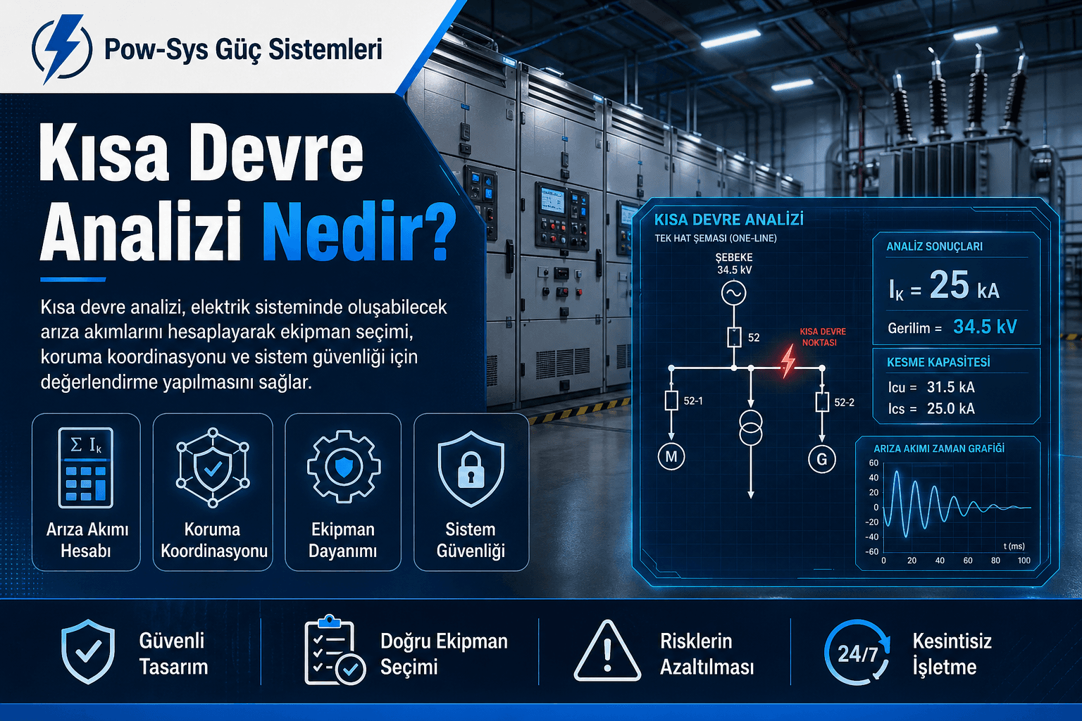 Üç faz, faz-faz ve faz-toprak kısa devre türlerini karşılaştıran şematik teknik görsel