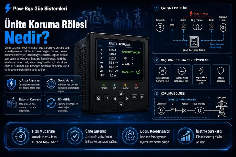 Ünite koruma rölesinde diferansiyel, aşırı akım, toprak hata ve yardımcı koruma fonksiyonlarını karşılaştıran şematik teknik görsel