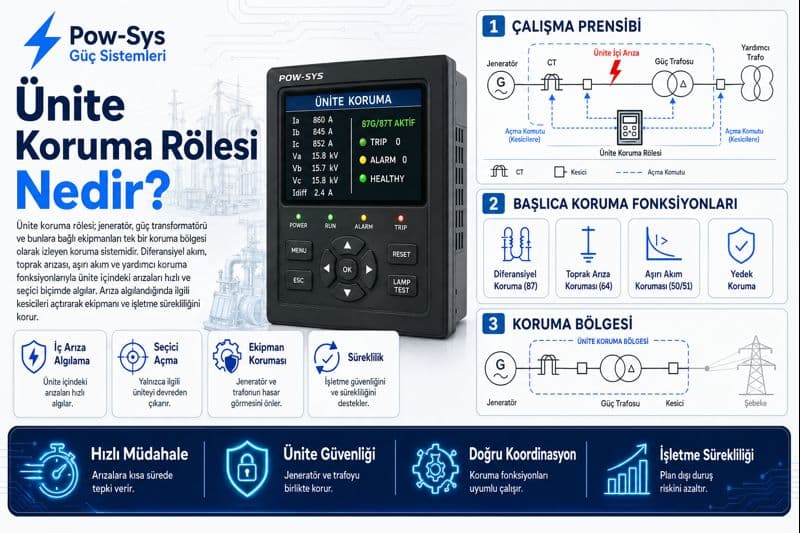 Ünite koruma rölesinin jeneratör ve trafoyu tek koruma bölgesi içinde değerlendirerek iç arızayı algılama mantığını gösteren teknik görsel