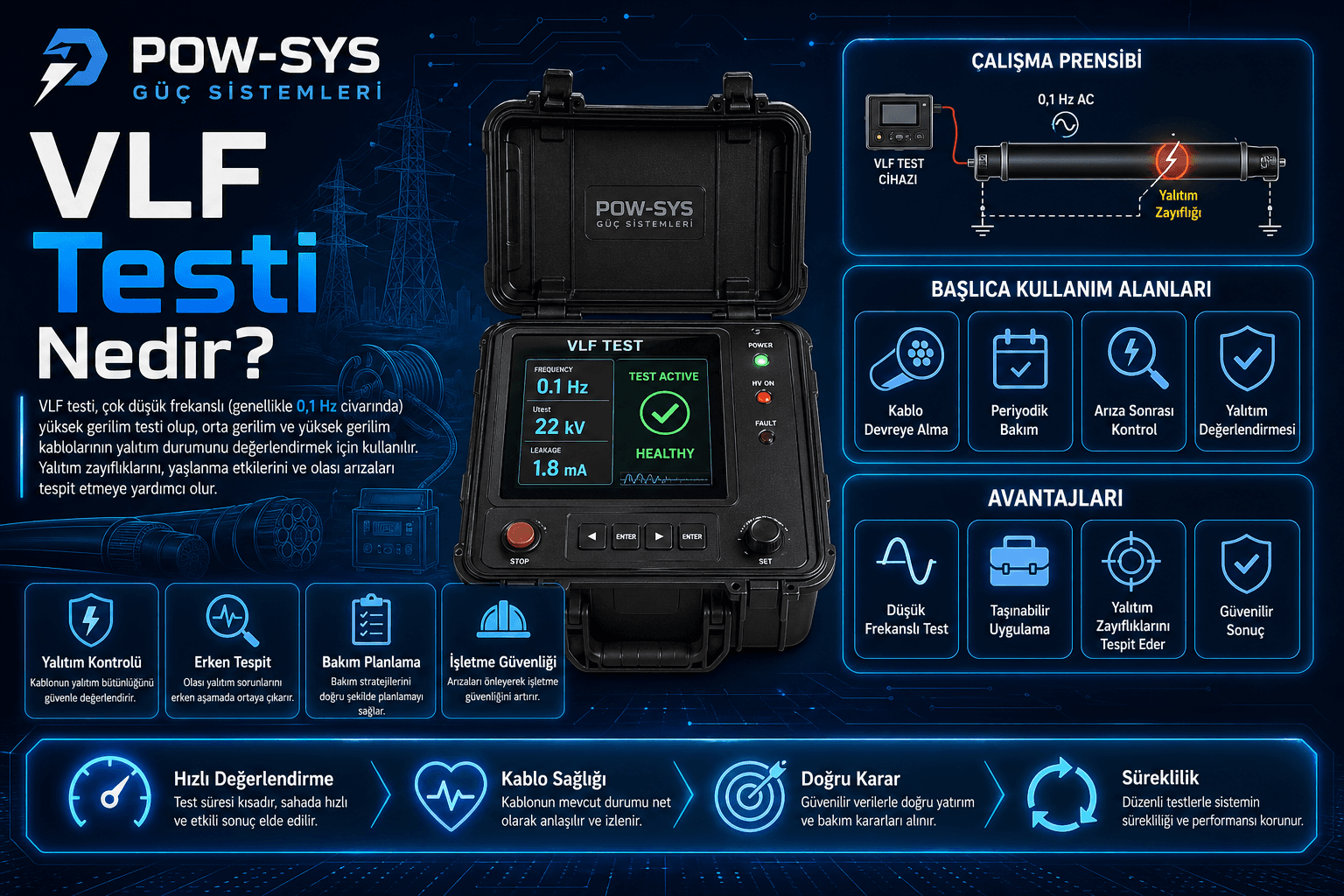 VLF testi ile DC hipot ve güç frekanslı AC test yöntemlerini karşılaştıran şematik teknik görsel