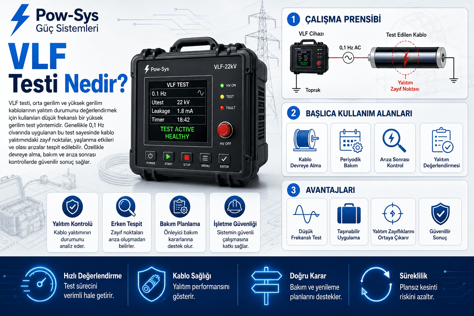 VLF testinin çok düşük frekanslı AC gerilim ile orta gerilim kablo izolasyonunu değerlendirme mantığını gösteren teknik görsel
