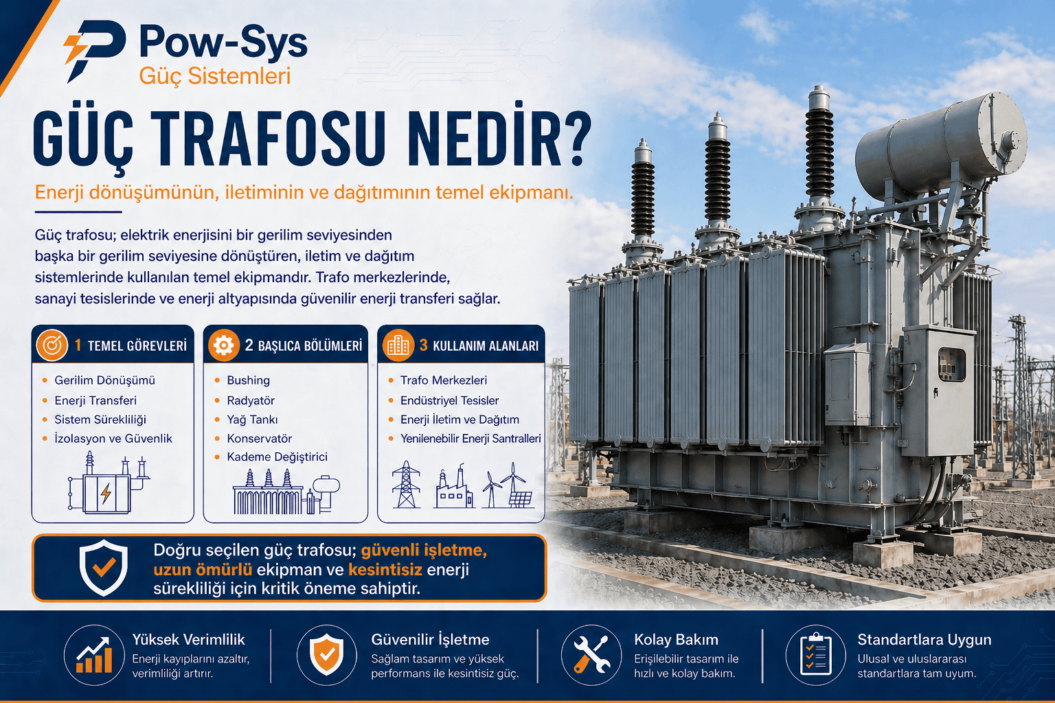 Yağlı güç trafosu, kuru tip trafo, soğutma sistemi ve kademe değiştirici yapılarını karşılaştıran şematik teknik görsel