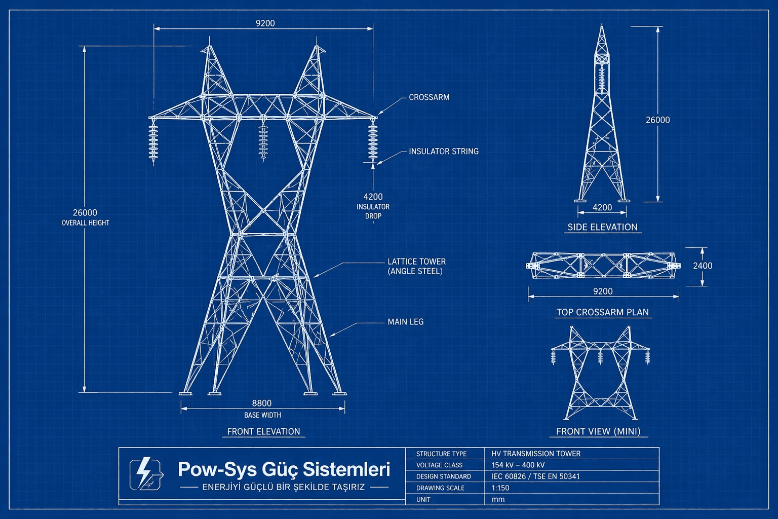 Yüksek gerilim hattında kule yapısı, izolatör dizisi ve shield wire yerleşimini gösteren şematik teknik görsel